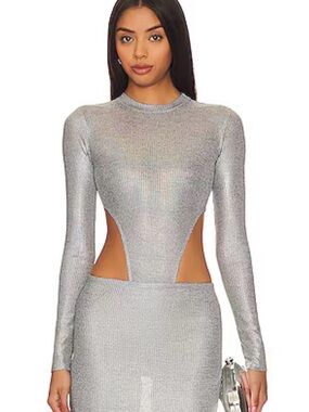NWT h:ours Iridescent Silver Metallic Ribbed Two Piece Body Suit and Skirt Set